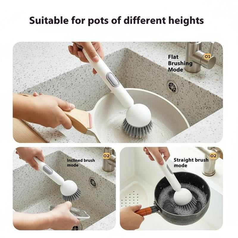 6-In-1 Dish Brush with Detergent Dispenser 360° Rotating Scrubber for Pots Pans Dishes & Utensils Adjustable Angles Non-Slip Grip Handle Durable PET Bristles Ergonomic Design Anti-Slip Grip Integrated Soap Dispenser