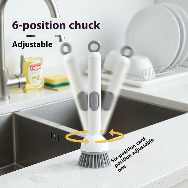 6-In-1 Dish Brush with Detergent Dispenser 360° Rotating Scrubber for Pots Pans Dishes & Utensils Adjustable Angles Non-Slip Grip Handle Durable PET Bristles Ergonomic Design Anti-Slip Grip Integrated Soap Dispenser